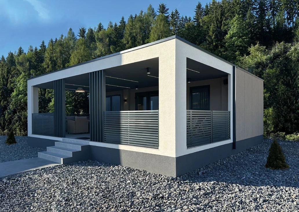 Modulares Haus mit überdachter Terrasse und klarer Architektur